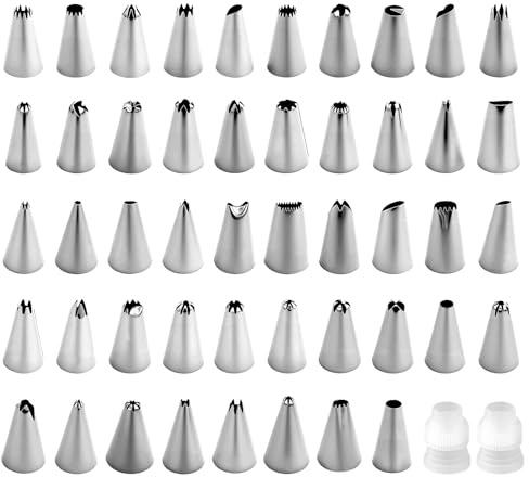 Ensemble de 50 douilles à pâtisserie en acier inoxydable, 48 modèles différents et 2 sacs à douilles en plastique réutilisables, accessoires pour décorer des gâteaux