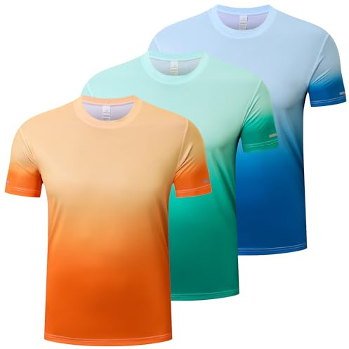 Gaiatiger 3 Pack Men's Sport T Shirts Quick Dry Badminton Shirts Gym Athletic Short Sleeve Training Tops-T5080-Green-Orange-Lake Blue-XL