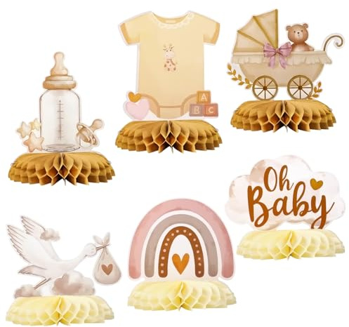 Simsky 6 Stück Babyparty Deko, Bienenwaben Mittelstück, Baby Shower Tischdekoration, 'Oh Baby'-Motiv, Storch-Geburtsmotiv Konfetti und Bienenwaben-Mittelstück als Tischdekoration für Shower