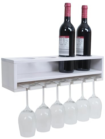 Mendler Portabicchieri portabottiglie da parete HWC-P21, scaffale vino per 4 bottiglie/6 bicchieri Legno 12x48x12cm - bianco