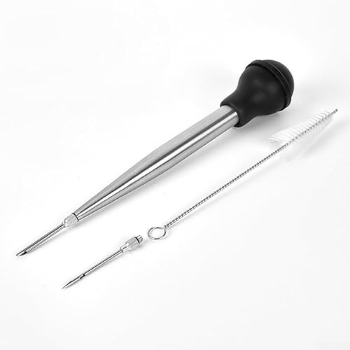 Bratenspritze aus Edelstahl mit hitzebeständiger Silikonbirne, Präzision und abgewinkelten Injektionsnadeln für saftiges Fleisch, Braten und Geflügel, spülmaschinenfest, mit Reinigungsbürste zum
