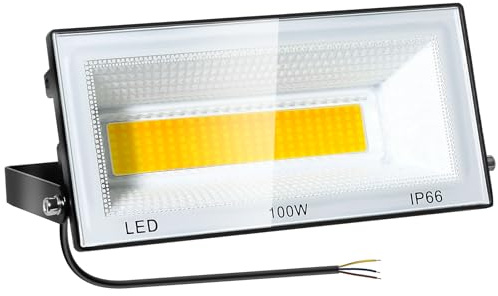CREATESTAR 100W Projecteur LED Extérieur,Spot LED Extérieur 3000K Blanc Chaud 10000LM,IP66 étanche Eclairage de Sécurité pour Cour,Jardin,Garage(Sans prise)