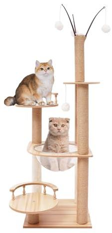 Rascador para gatos grandes, 40 x 40 x 134 cm, árbol para gatos con 6 columnas gruesas para rascar, árbol rascador de madera, casa de varios pisos con 3 camas de plataforma y cápsula espacial