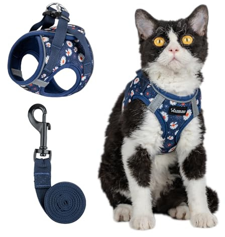 Arblina Kattsele, Mjukt & Andningsbart Kattsele-Set med Reflekt, Lätt Rymningssäkert Kattsele med 1,5m Kattkoppel, Blå XS