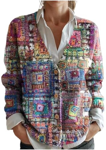 Gilet Cardigan Femme Veste Tricotée Col V Pull Outwear Chic Hiver Chic Imprimé Boutons Manches Longues Élégante Loose Veste Tricot Vintage Norvégien Haut Décontracté Cardigan Long Femme Manteau Top