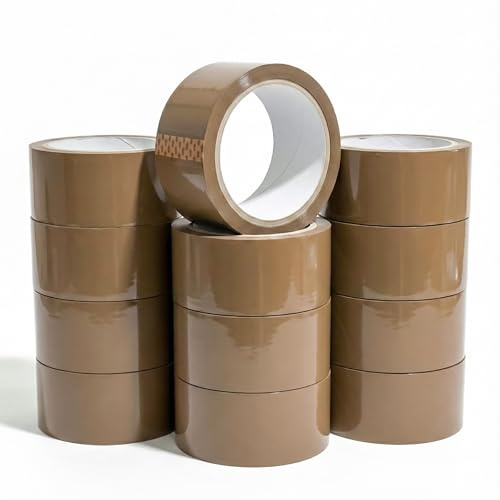 Roe Tenpo Packaging Tape, 12 Rolls Brown Parcel Packing Tape with Low Noise - 48mm X 66m, Secure and Sticky Seal for Boxes, Packing, Shipping, Moving, eCommerce (Brown, 12 rolls)