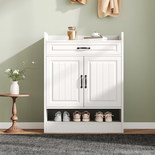 CelticHearth Zapatero con 2 puertas y cajón, color blanco, tablero de partículas, estantes ajustables, 75 x 36 x 95,5 cm