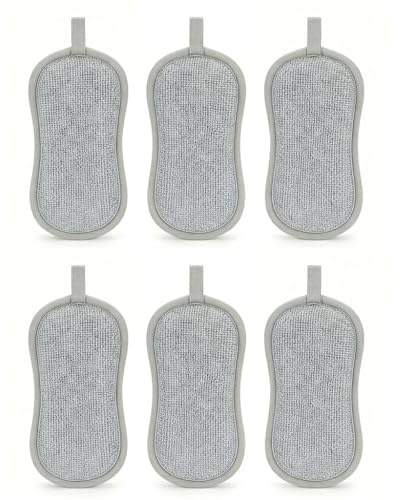 6er Pack Küchenschwamm Waschbar, Spülschwamm aus Mikrofaser, Doppelseitiger Putzschwamm für Küche & Geschirr, Wiederverwendbar Topfreiniger, Saugfähige Schwämme Küche Set in Hellwolkengrau