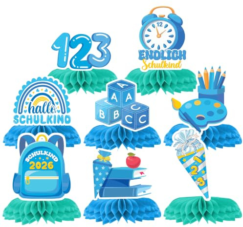 8 Stück Einschulung Deko 2026 Honeycomb Tischdeko Blau Schulanfang Jungen | Blaue Honeycomb Wabenkugeln mit ABC Schultüte Motiv, Schulanfang Party Dekoration Geschenkidee für Schulkind Jungen