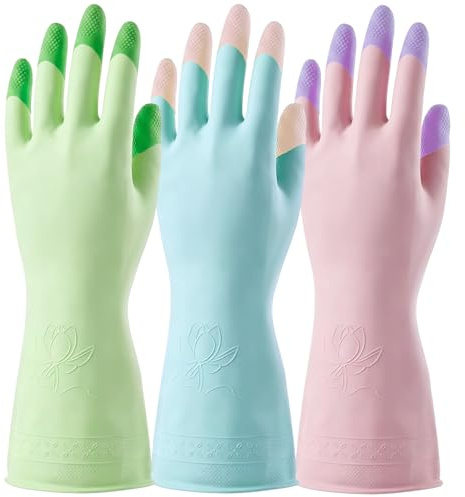 AOOSU Guanti Pulizia Casa Riutilizzabili, Guanti Lavapiatti In Gomma, Dishwashing Cleaning Gloves, Antiscivolo Impermeabile Per Cucina, Lavaggio Stoviglie, Bagno, Lavanderia 3 paia M