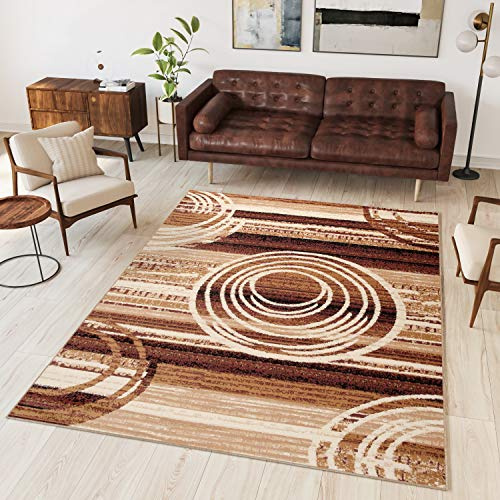TAPISO Dream Teppich Wohnzimmer Modern Kurzflor Braun Beige Meliert Kreise Streifen Gestreift Schlafzimmer Gästezimmer Küche ÖKOTEX 200 x 300 cm