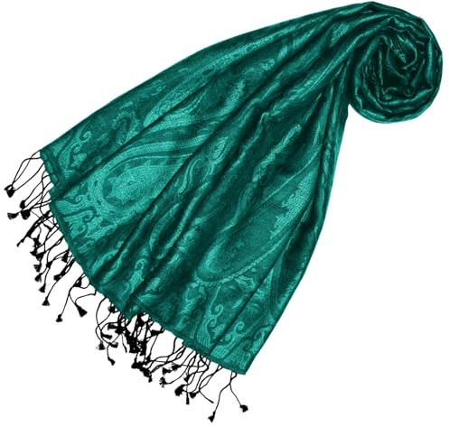 Lorenzo Cana Luxus Pashmina Damen - Schal Schaltuch jacquard gewebt 100% Seide Paisley Muster Seidenschal Seidentuch Petrol Ton in Ton 78614