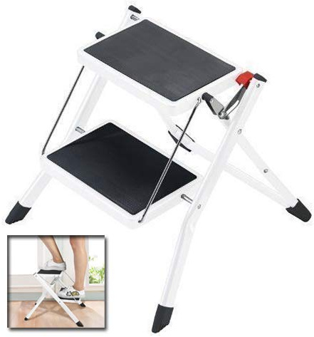 2 Step MINI Ladder Heavy Duty Steel Folding Portable Kitchen Stool Caravan Home Garden Tool Lightweight Safety Anti-Slip Mat Tread, UK Stock