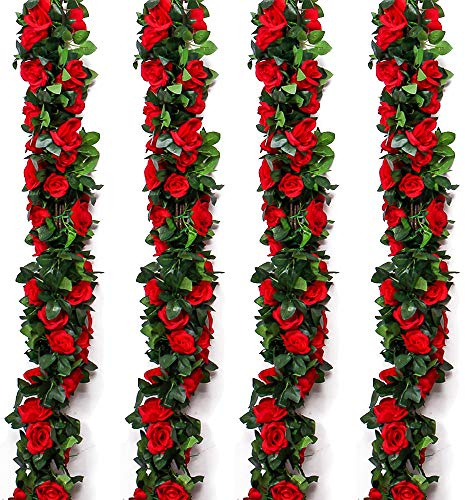 Musdoney 4Pcs 32.2 FT Fake Rose Vine Flowers Plants Artificial Flower Garland Hanging Rose Ivy Home Hotel Office Wedding Party Garden Craft Art Decor (Red)