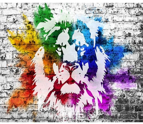 decomonkey Fototapete Löwe Graffiti 250x175 cm XL Tapete Fototapeten Vlies Tapeten Vliestapete Wandtapete moderne Wandbild Wand Schlafzimmer Wohnzimmer Tiere Abstrakt Steinwand Stein Ziegel