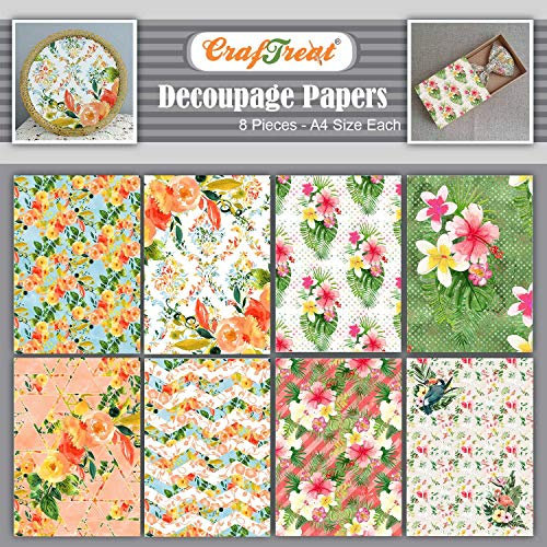 CrafTreat Blomma decoupage papper för hantverk - sommarblommor och tropiska blommor - storlek: A4-8 st - ormbunke decoupage-papper för scrapbooking