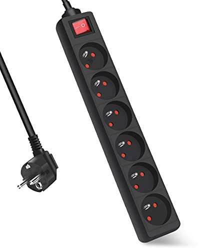 Extrastar Multiprise 6 Prises avec Interrupteur, 2P + T, Bloc 6 Prises avec sécurité Enfant, Extension d'alimentation de 1.5 Mètre, 16A 230 V, Noir