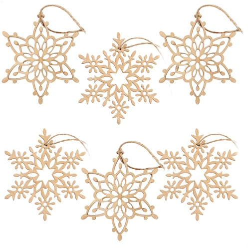com-four® 6X Tannenbaumschmuck Holz-Anhänger Set, Weihnachtsbaumschmuck | Christbaumschmuck im Schneeflocken-Design