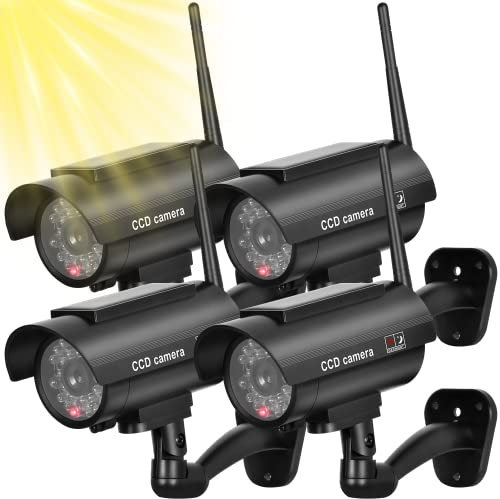 BNT Cámara de seguridad falsa alimentada por energía solar, sistema de vigilancia simulado con sensor de luz intermitente rojo realista y adhesivo de advertencia para interiores y exteriores (paquete