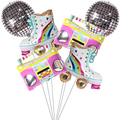Kawailay 6 Stück 22 Zoll 4D Disco Folien Ballons Rainbow Rollerskate Radio Boombox Luftballons 70er Jahre Disco Party Aluminium Ballons für Tanz Party Hochzeit Geburtstag Abschlussfeier