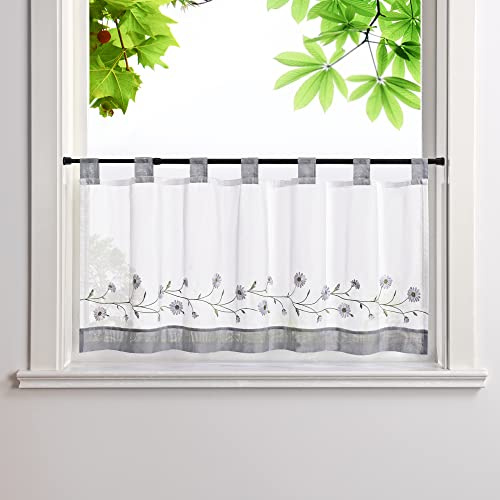 HeichkelL Bestickte Scheibengardine, Voile Kurzstores, Grau BxH 120x30 cm | Kurzvorhang mit Schlaufen, Pastorale Küchengardinen, Landhausstil Bistrogardine