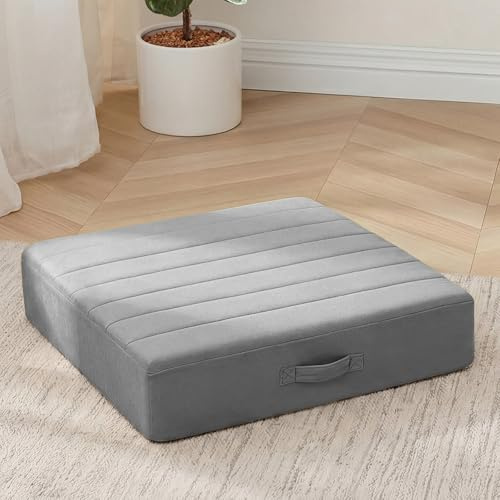 MeMoreCool Grand coussin de sol carré pour adultes et enfants, grand coussin de méditation avec mousse épaisse et housse touffetée douce, lavable, grand coussin de sol pour assise et yoga, 61 cm, gris