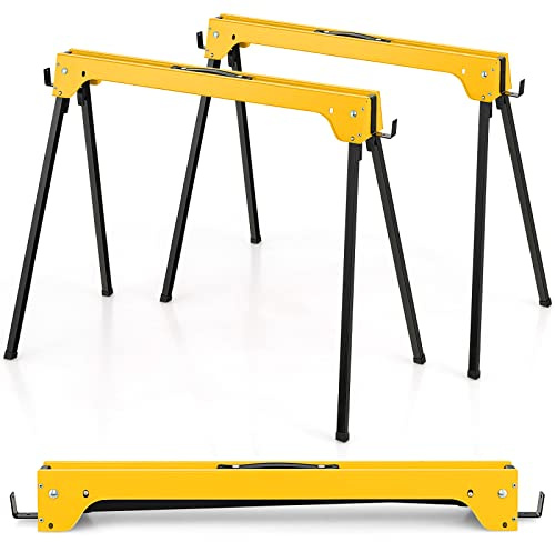 COSTWAY Juego de 2 Caballetes Plegables, Juego de Mesa de Trabajo Plegable de Hierro, 2 Caballetes para Mesa con Brazos de Soporte Desmontables, Amarillo 92 x 48 x 74 cm (Amarillo)