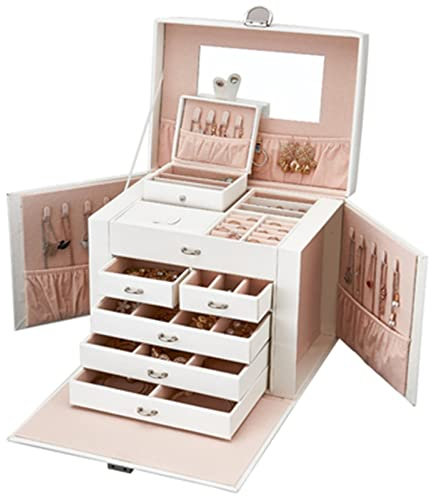 SUNESA Schmuckkästchen Luxus groß Pu. Leder Schmuckkasten Organizer Ohrring Ring Halskette Schublade Schmucklagerung mit Kleiner Casketa und Spiegel Schmuck-Organizer (Color : Wit)