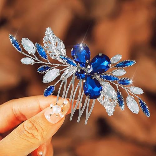IYOU Brautschmuck Hochzeit Haarkamm Kristall Blau Kopfschmuck Strass Haarschmuck Abschlussball Braut Hochzeit Seitenkämme für Damen