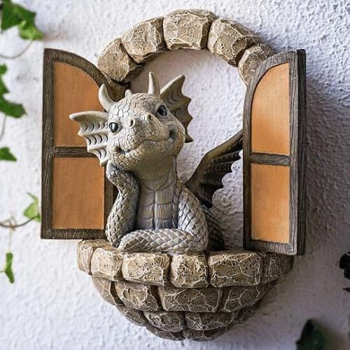 LSDZHK Courtyard Dragon Sculpture Wall Decoration, Weatherproof Resin Statue Miniatures, Lovely Resin Garden Dragon Statue Art Figurines Decor Ornaments for Patio Yard (Style A)