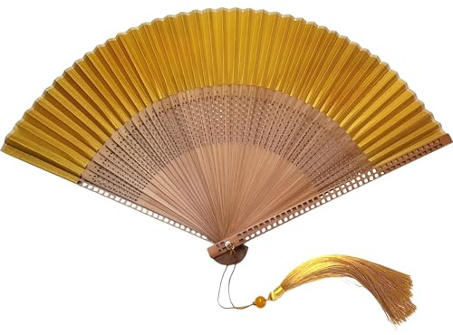 GFM® Bamboo and Silk Handheld Folding Chinese Vintage Traditional Hand Fan Foldable Wood Wooden, Wedding, Bridal, Bridesmaids-Golden Yellow Gold- (FLSLK-F78-SN-sn)
