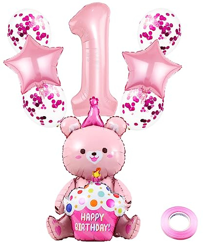 Weenkeey 1 Jahre Bären Geburtstag Deko Große Bär Folienballon 1. Geburtstag Bär Ballon Rosa Zahl 1 Luftballon für Mädchen Jungen Geburtstag Party