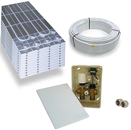 Warmwasser Trockenestrich Fußbodenheizung HoWaTech DRY Komplett Set 5/10m² Dämmplatte 30mm EPS WLG 035 DEO und E-Regelbox für bauseitigen Thermostat, Heizfläche:5.00m²