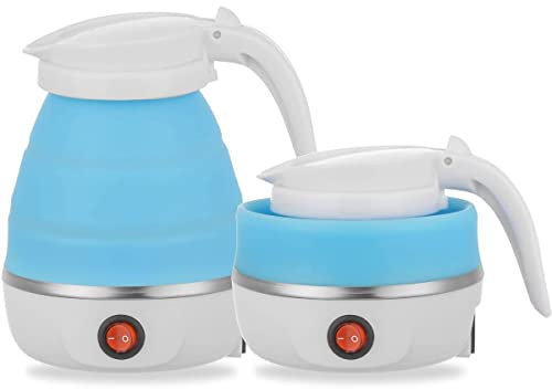 Foldable Kettle Portable Electric Kettle for Travel 0.6L 600W Food Grade Silicone Collapsible Water Heater with Separable Power Cord for Hiking Camping Travel Picnic (Blue)