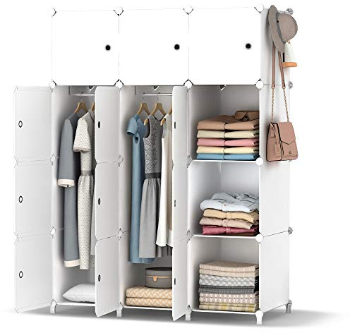 HOMIDEC Kleiderschrank, Tragbarer Regalsystem,12 Würfel Schrank aus Kunststoff mit 2 Kleiderstange, Schlafzimmerschrank kleiderschrank Weiss für Schlafzimmer, 146 x 107 x 45cm