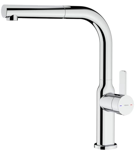 TEKA Grifo Cocina Monomando, Caño Alto Giratorio 360º, Maneral Extraíble, Aireador Anticalcáreo, Latiguillos Flexibles de Alimentación de 3/8”, Modelo OVAL 938