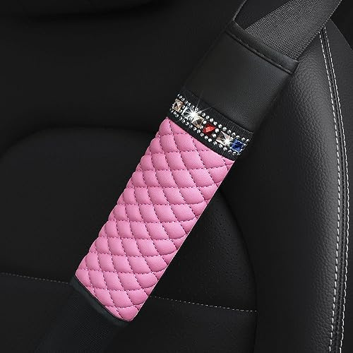 1 almohadilla para cinturón de coche, piel sintética y cristal con purpurina, acolchado para cinturón de seguridad, acolchado para cinturón de seguridad en el coche, color rosa