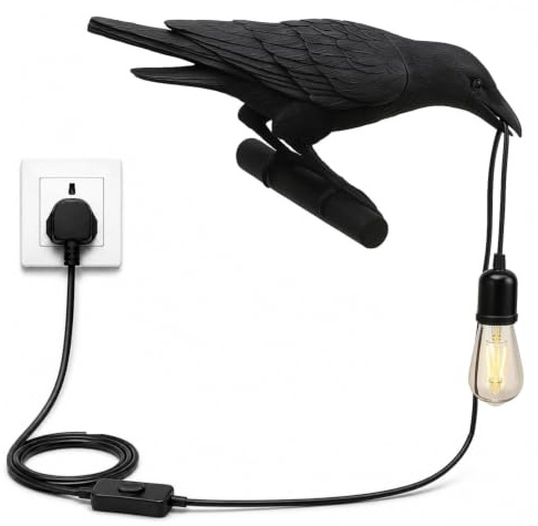 DC VOLTAGE Black Birds Resin Crow Desk LED Lamp E27 Base Modern Raven | Art Deco Bedside Decor Plug in Cord Wall Lamps for Bedroom, Office, College Dorm, Right Black Wall
