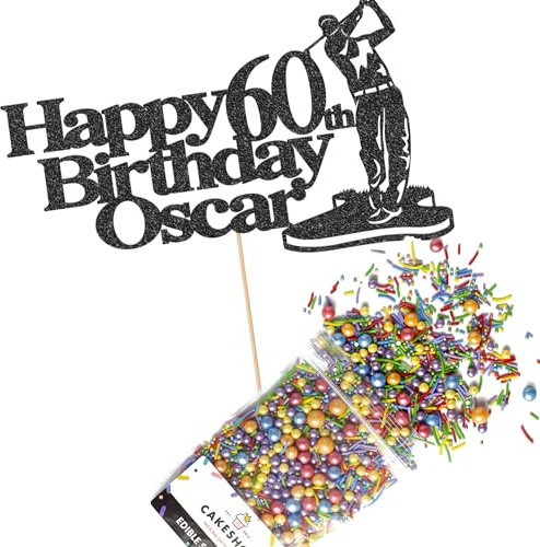 Cakeshop Cake Decoration Pack | Golf Theme Birthday Premium Double Sided Glitter Card Cake Topper & 25g Party Pack of Cake Sugar Sprinkles | Custom Name & Age Cake Decorations (Black)