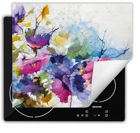 DarHaus Herdabdeckplatte Einteilig Küche Herdabdeckung Ceranfeld Herdabdeckplatten Anti Rutsch Matte Aufrollbar 60x52 cm, bunt - Blumen