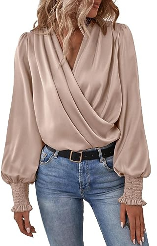 Womens Ladies Dressy Casual Satin Silk Blouses Shirts Elegant Long Sleeve Sexy Deep V-Neck Casual Evening Wrap Tops Flattering Blouses Boho Shirts for Women 2024 Beige