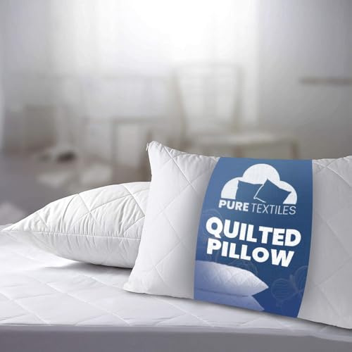 PURE TEXTILES Quilted Pillows 2 Pack Hotel Quality Firm Pillow - Down Alternative, Bed Pillow for Back and Side Sleepers, Anti Allergy Pillow, Luxury Pillows for Bed 74cm x 48cm