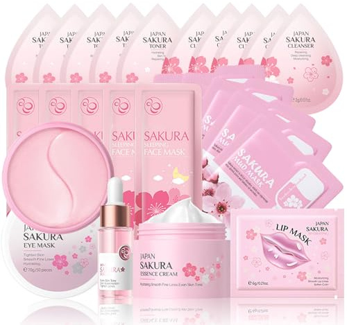 Sakura Sakura Beauty Geschenke für Teenager Mädchen, 8PCS Hautpflege Sets Feuchtigkeit erfrischende, Cleanser, Toner, Serum, Creme, Schlafmaske, Augenmaske, Schlammmaske, Lippenmaske, Mini Skincare