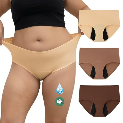 INNERSY Period Underwear Heavy Flow Plus Size Menstrual Pants High Waisted Leakproof Knickers 3 Pack (30-32, Beige/Khaki/Brown)