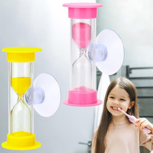 Clessidra Bambini, 2 Pezzi Timer a Clessidra 2 Minuti 3 Minuti con Ventosa, Clessidre Colorato Orologio da Sabbia Timer per Cucina, Lavarsi i Denti, Apprendimento, Gli Sport e i Giochi (Rosa, Giallo)