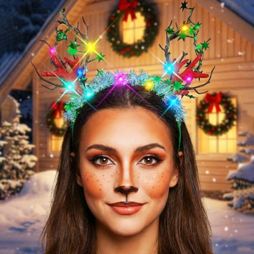 Zoestar Serre-tête de renne avec bois lumineux - Serre-tête de Noël avec LED vertes - Accessoires de cheveux de Noël pour femmes