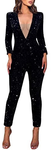 Generisch jumpsuit pailletten damen, Damen Jumpsuit Pailletten Elegant Glitzer Romper Hosenanzug Lang Hochzeit Playsuit Festlich Party Overall Langarm Casual Einteiler Clubwear Jumpsuits