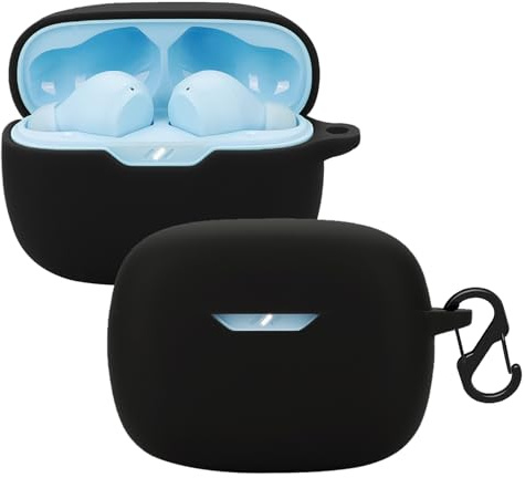 KUSINHOKA Silikonhülle Kompatibel mit JBL Wave Beam 2 mit Karabiner, Schlank Stoßfest Kopfhörer Hülle, Weiches TPU Ohrhörer Schutzhülle Abdeckung Unterstützt kabelloses Laden, Schwarz