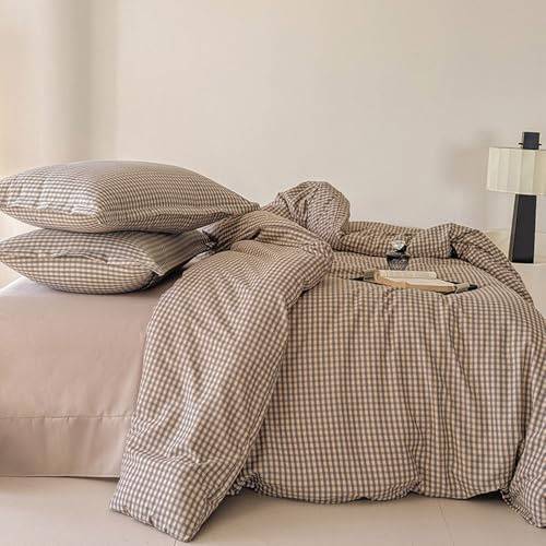 Nyescasa Housse de Couette 220x240 Motif à Carreaux Vichy Marron Moderne Parure de lit Adulte 2 Personnes en Microfibre Sets de Housses de Couettes avec Fermeture Éclair et 2 Taies d'oreiller 65x65 cm