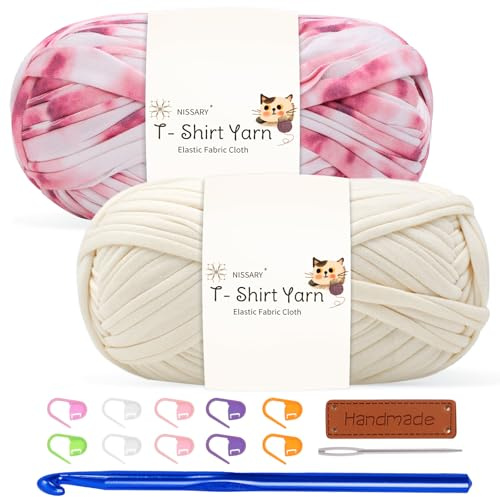 T Shirt Yarn for Crocheting 100gx2 Chunky Crochet Yarn Elastic Fabric Set with 10mm Hook and Accessories – Ideal for DIY Bags, Blankets, Baskets and Home Decor Projects (Mix-Pink)